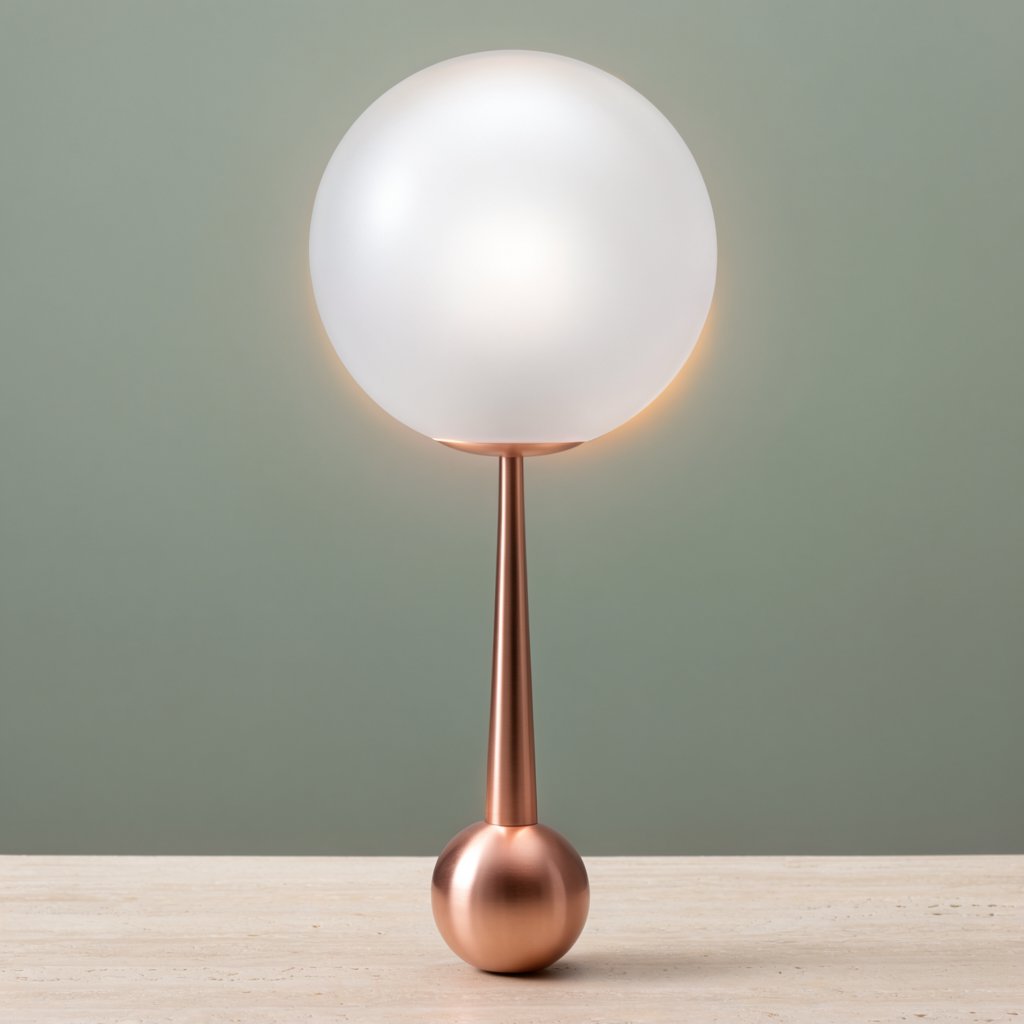 Commercial product photograph of an unbranded sculptural desk lamp with a frosted opal glass globe and brushed copper stem, standing on a pale travertine surface against a muted sage background, illuminated by soft overhead diffusion and a delicate warm rim light. — Krea 2 Large