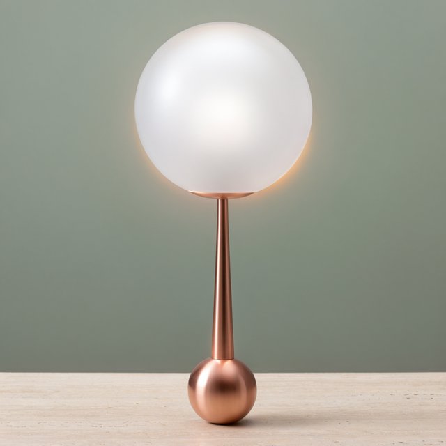 Commercial product photograph of an unbranded sculptural desk lamp with a frosted opal glass globe and brushed copper stem, standing on a pale travertine surface against a muted sage background, illuminated by soft overhead diffusion and a delicate warm rim light. — Krea 2 Large