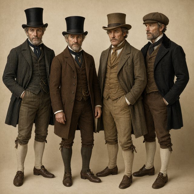 A realistic image only, showing nice outfits worn by adult men from at least 4–6 different eras. Mention the time range for each era. — Qwen Image 3.0 Pro