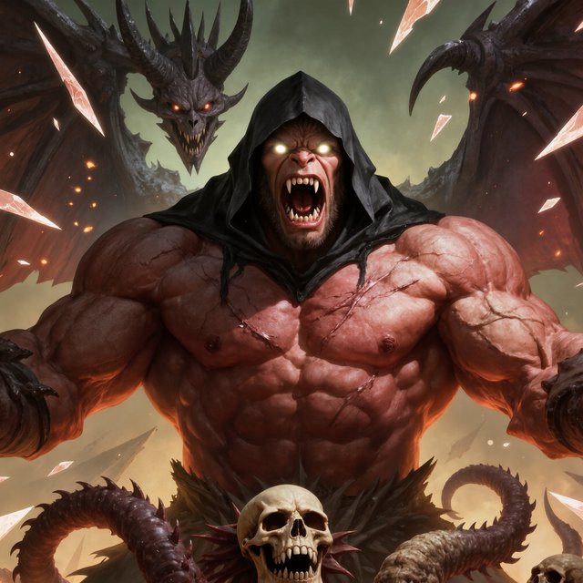 A colossal muscular berserker erupts in a primal roar, framed from the waist upward at a dramatic low angle. His head tilts back, glowing ivory eyes fixed upward, mouth stretched impossibly wide with clearly defined teeth and a cavernous dark interior. A close-fitting black hood frames his angular face, while his bare bronze-red torso displays monumental musculature, fine scars, and jagged surface fissures. Both upper arms thrust outward, elbows and hands beyond the frame, creating a broad, forceful silhouette. Behind him looms a towering obsidian demon with a crown of needlelike horns, scattered ember eyes, a serrated grin, and massive shoulders formed from twisted organic armor. Smaller snarling creatures coil across the lower foreground, their skull-like heads and hooked tendrils overlapping his waist. Razor-shaped fragments sweep diagonally through the scene, directing attention toward his illuminated face and chest. A ruined abyss recedes through smoky olive-green and charcoal haze. — Kling v3 Omni