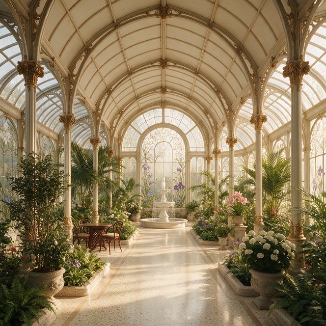 Interior of an Art Nouveau winter garden, curved iron ribs, cream terrazzo floor, hand-painted botanical glass panels, filtered late-afternoon sunlight, viewed from the entrance along the central axis, elegant geometry and believable load-bearing structure. — Seedream 5.0 Pro