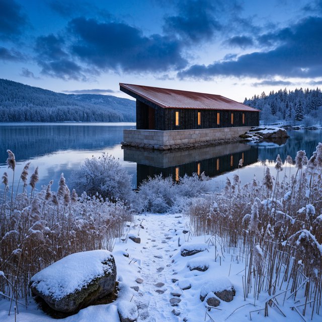 Exterior of a Scandinavian modernist lakeside sauna pavilion, blackened timber cladding, pale granite plinth, copper roof, winter blue-hour light glowing through narrow windows, viewed from a snowy reed-lined path, straight structural geometry and plausible construction. — Recraft v4