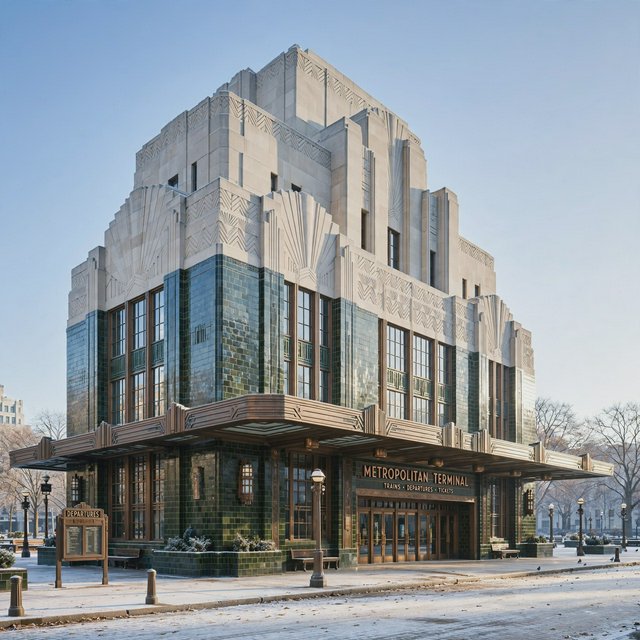 Exterior of an Art Deco railway terminal in pale limestone and dark green glazed brick, with stepped massing, bronze-framed windows, and a broad canopy; clear winter morning light, viewed from the station forecourt, precise lines and credible structure. — Muse Image 1.0