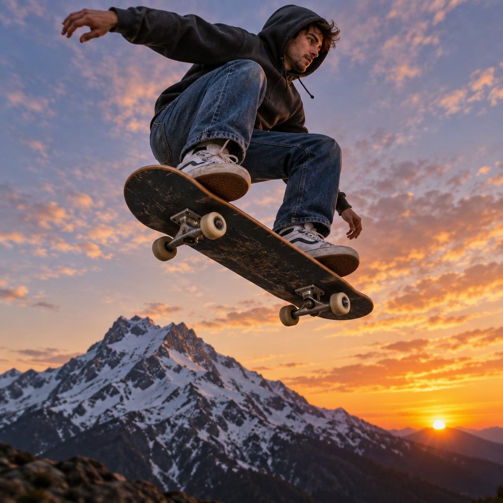 A man wearing a hoodie, jeans, and sneakers rides a skateboard that has taken off the ground. A low angle shows the man on the skateboard up in the air at high speed, with a snow-capped peak in the background beneath a setting sun in the evening sky. — GPT Image 2.5 Flare