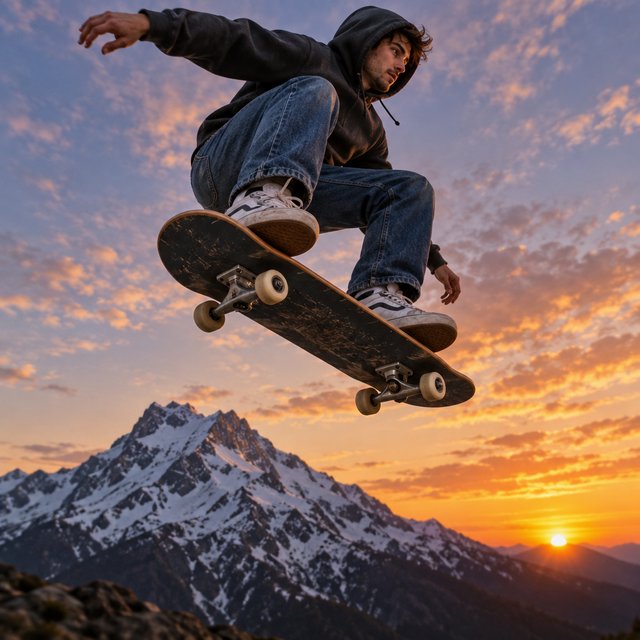 A man wearing a hoodie, jeans, and sneakers rides a skateboard that has taken off the ground. A low angle shows the man on the skateboard up in the air at high speed, with a snow-capped peak in the background beneath a setting sun in the evening sky. — GPT Image 2.5 Flare