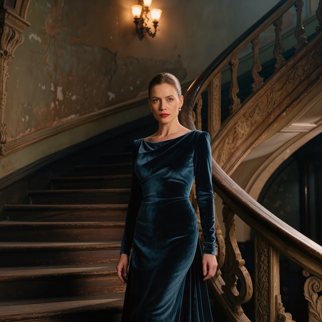 Editorial glamour photograph of an adult woman in a midnight-blue velvet evening gown, standing naturally beside a curved staircase in an old theatre, warm flattering sconce light, relaxed shoulders, poised expression, refined cinematic elegance. — Kling v3