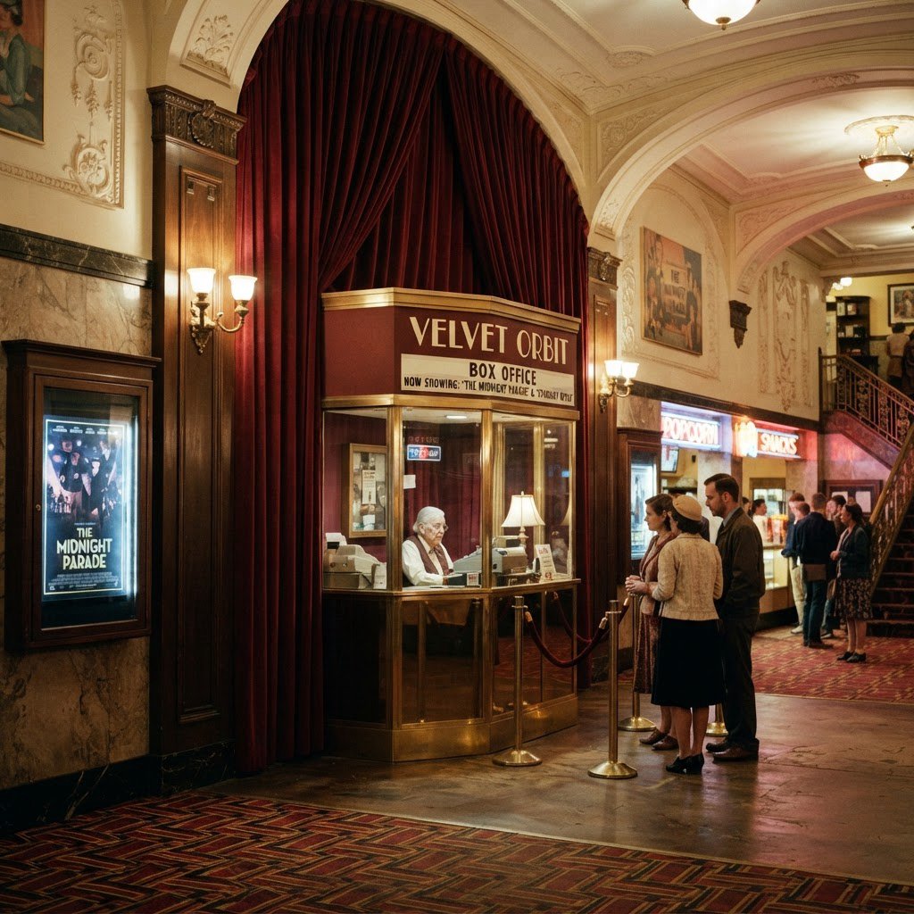 In a restored neighborhood cinema, brass sconces illuminate velvet curtains and a glass ticket booth; "VELVET ORBIT" is painted in ivory block letters across the booth’s burgundy fascia. — Nano Banana 2 Lite
