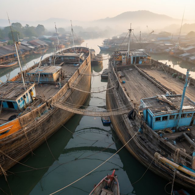 A floating market city built on the hulls of giant upturned ships, rope bridges, morning haze, wide establishing shot. — Qwen Image 3.0