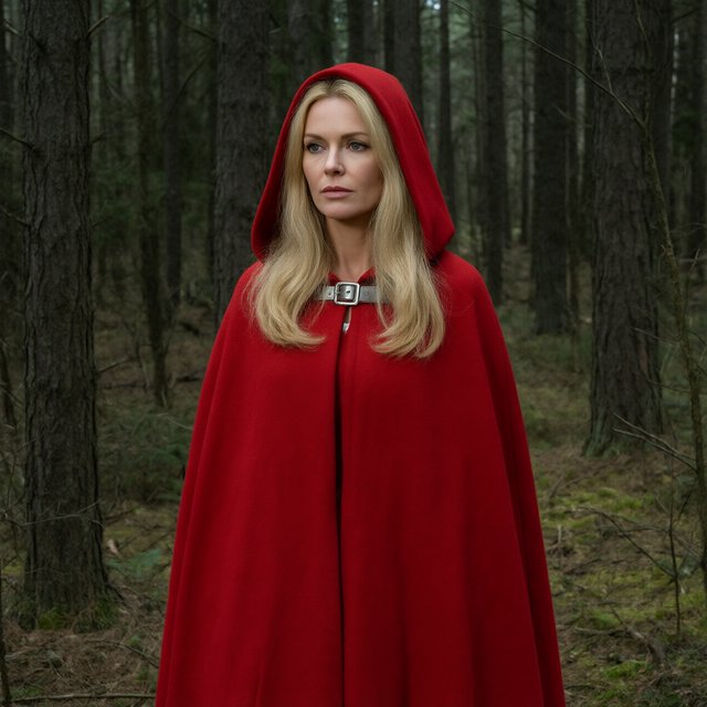 Medium shot at eye level: 1960s vintage film aesthetic. An adult woman with long, blonde hair walks alone through a dark forest. She wears a red hooded cloak, with the hood pulled up and fastened at the neck by a silver buckle. Photorealistic 1960s Technicolor film grain; soft, shallow depth of field. — Qwen Image 3.0