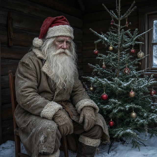 A melancholic, somewhat disheveled Santa Claus in a worn, dirty coat. He sits in his cabin at the North Pole next to a desolate, needleless Christmas tree, its decorations hanging only sporadically. The aura radiates a quiet despair. — Qwen Image 3.0