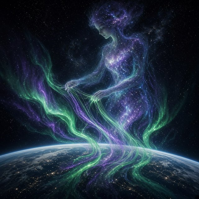 A cinematic wide-angle shot of an ethereal, gigantic adult female entity composed of stardust and nebulae. She hovers in the deep black of space, directly above the curvature of the Earth. Her fingers move like a harpist's, weaving luminous, emerald-green and violet aurora threads directly into the Earth's atmosphere. The polar lights appear like liquid silk, wrapping themselves around the planet. Realistic play of light, mystical atmosphere, bioluminescent colors, deep indigo and neon green. — Grok Imagine Image 2