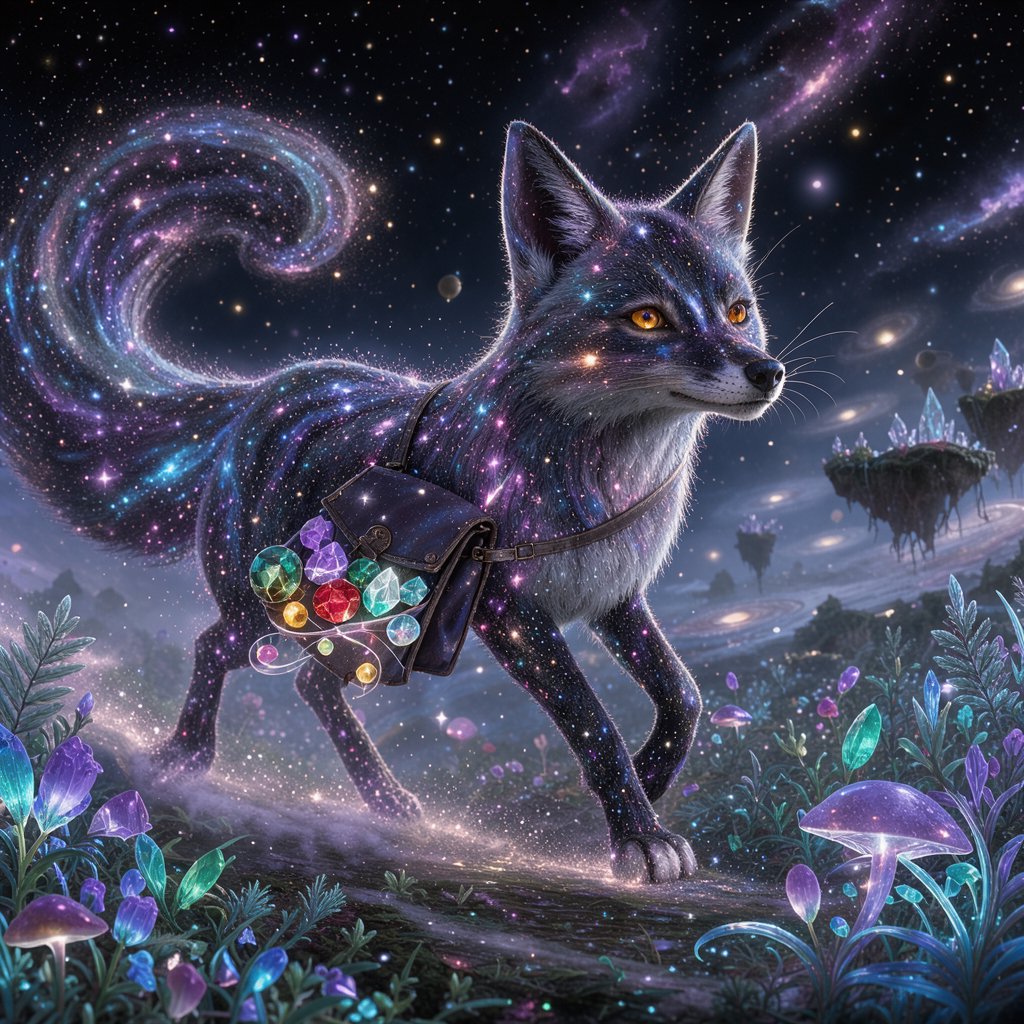 A celestial fox made of stardust and nebulae, carrying a satchel overflowing with glowing cosmic jewels, journeys through an ethereal dreamscape. Swirling galaxies and bioluminescent flora fill the background. The scene is rendered in a surreal, photorealistic style, emphasizing intricate details and a sense of infinite wonder. — FLUX 3 Image Klein