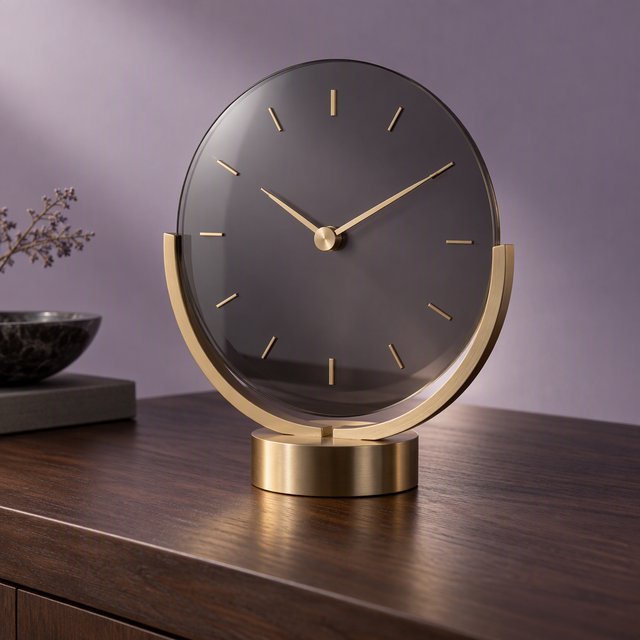 Commercial product photograph of an unbranded sculptural table clock made from satin brass and smoked glass, resting on a dark walnut surface against a muted lavender background, illuminated by a large diffused softbox from the upper left and a subtle rear rim light. — GPT Image 2.5 Sunburst