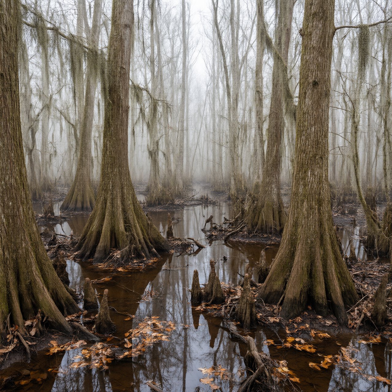 A cypress swamp at foggy sunrise after overnight drizzle, dark tea-colored water threading between moss-draped trunks; slick root knees and floating leaves lead toward pale trees disappearing into layered mist. — Qwen Image 3.0