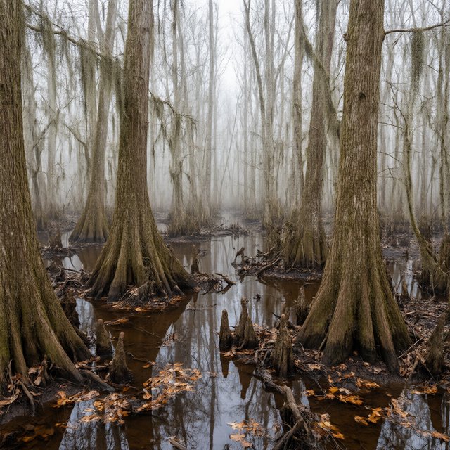A cypress swamp at foggy sunrise after overnight drizzle, dark tea-colored water threading between moss-draped trunks; slick root knees and floating leaves lead toward pale trees disappearing into layered mist. — Qwen Image 3.0
