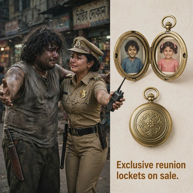 A reunion of long-lost brother and sister, as depicted in Bangladeshi films. The brother is now a thug, he is overweight, with badly cut, long, curly hair. He wears a sleeveless T-shirt. A large knife peeks out of his trousers. His arms open wide to hug his sister. He stinks. So a few flies hover around his head. His sister, typically the film heroine, and therefore very attractive. But she's a cop wearing a cap and body-fitting khaki police dress. A gun in her holster, a baton by her belt, plus a walkie talkie in her one hand. Her arms are also open wide to hug the brother. Both are tearful. They must be placed on one side of the image. On the other side of the image, we place some products from the film that we want to sell: A circular locket that is open like a book, with childhood pictures of the brother and the sister on two sides. Below this open locket, we show a closed locket. Add text: Exclusive reunion lockets on sale. — Model 14