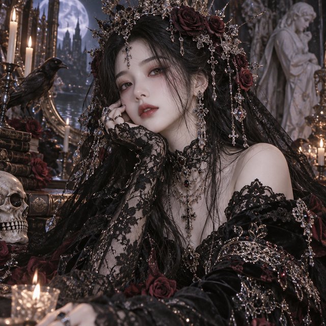 Surreal, ethereal East Asian adult beauty, 21 years old, in maximalist Gothic attire, with the most beautiful expression. — GPT Image 2.5 Sunburst