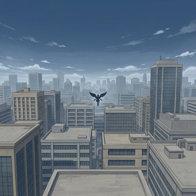Clean cel-shaded painted cityscape, wide high-angle elevated rooftop level shot looking out over dense modern downtown office buildings, small dark winged figure hovering above central midground rooftops, pale overcast deep blue sky with wispy white clouds, diffused even daylight lighting with soft subtle ambient shadows, muted cool grey, beige, blue building facades with uniform office windows, flat concrete building rooftops, receding hazy distant city skyline with atmospheric perspective, eye level relative to building tops, no outlines, smooth flat color rendering, no grain. — Nano Banana 2.1