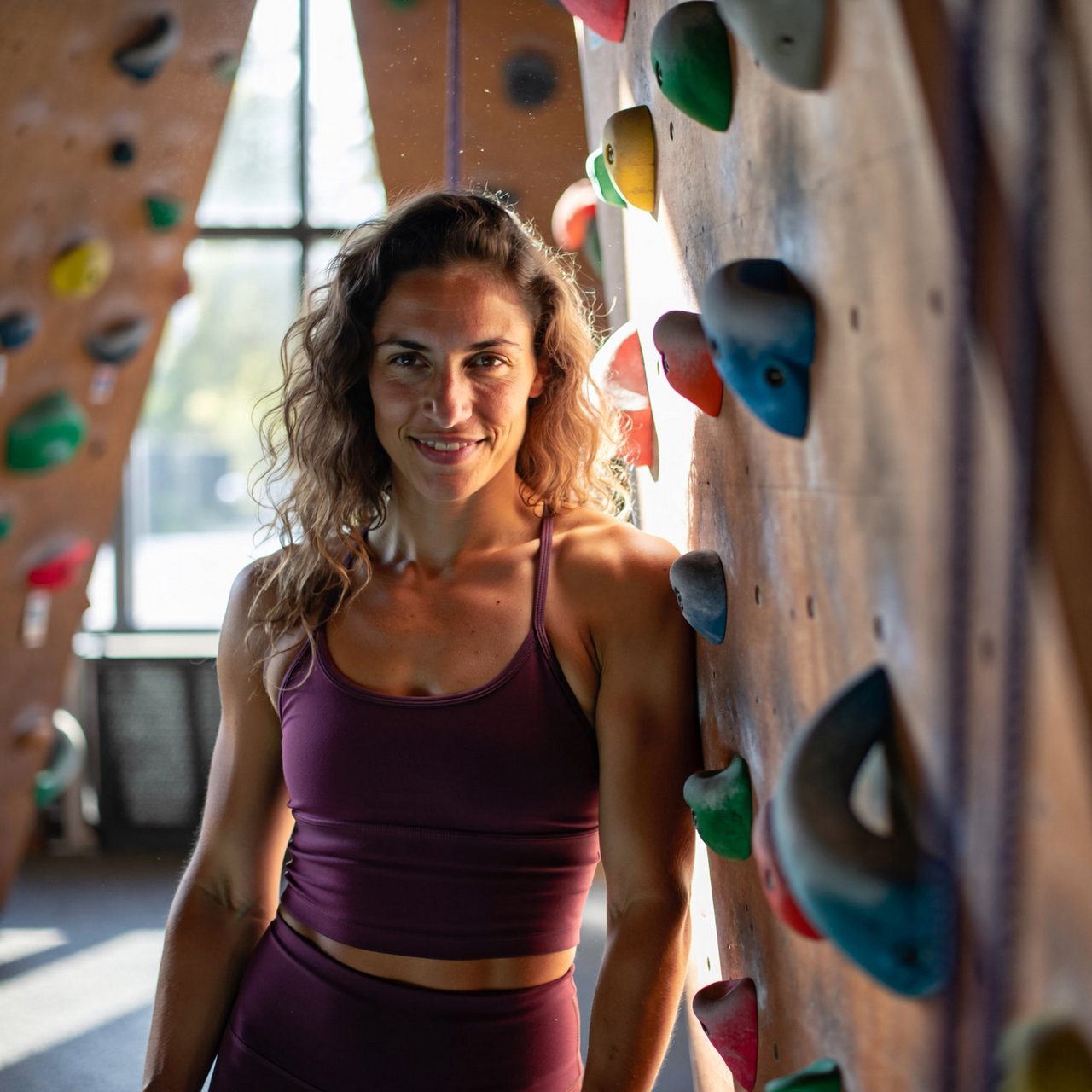 Editorial glamour photograph of an adult woman in a plum fitness set, pausing naturally beside a sunlit indoor climbing wall, flattering side light tracing colorful holds, loose curls and an easy, confident smile. — ImagineArt 2