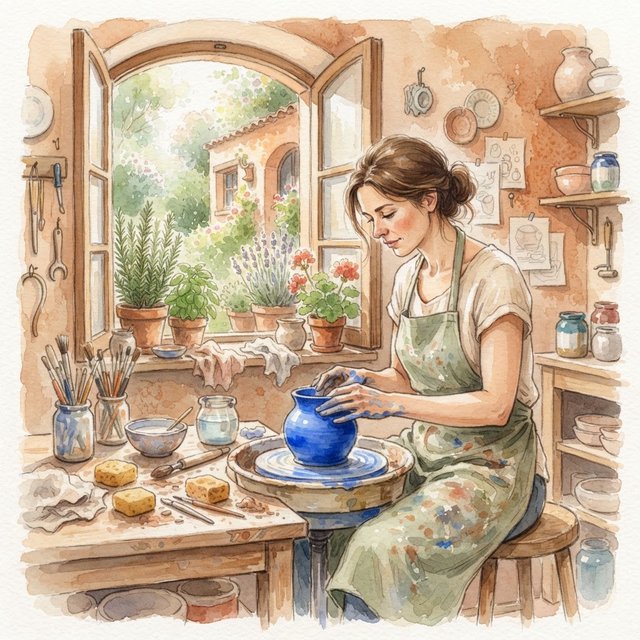 Watercolour illustration of an adult ceramicist shaping a luminous blue vessel beside an open workshop window, surrounded by clay tools, potted herbs, and sunlit terracotta walls. Palette of cobalt, ochre, sage, and cream, with soft flowing brushwork. — Nano Banana 2 Lite