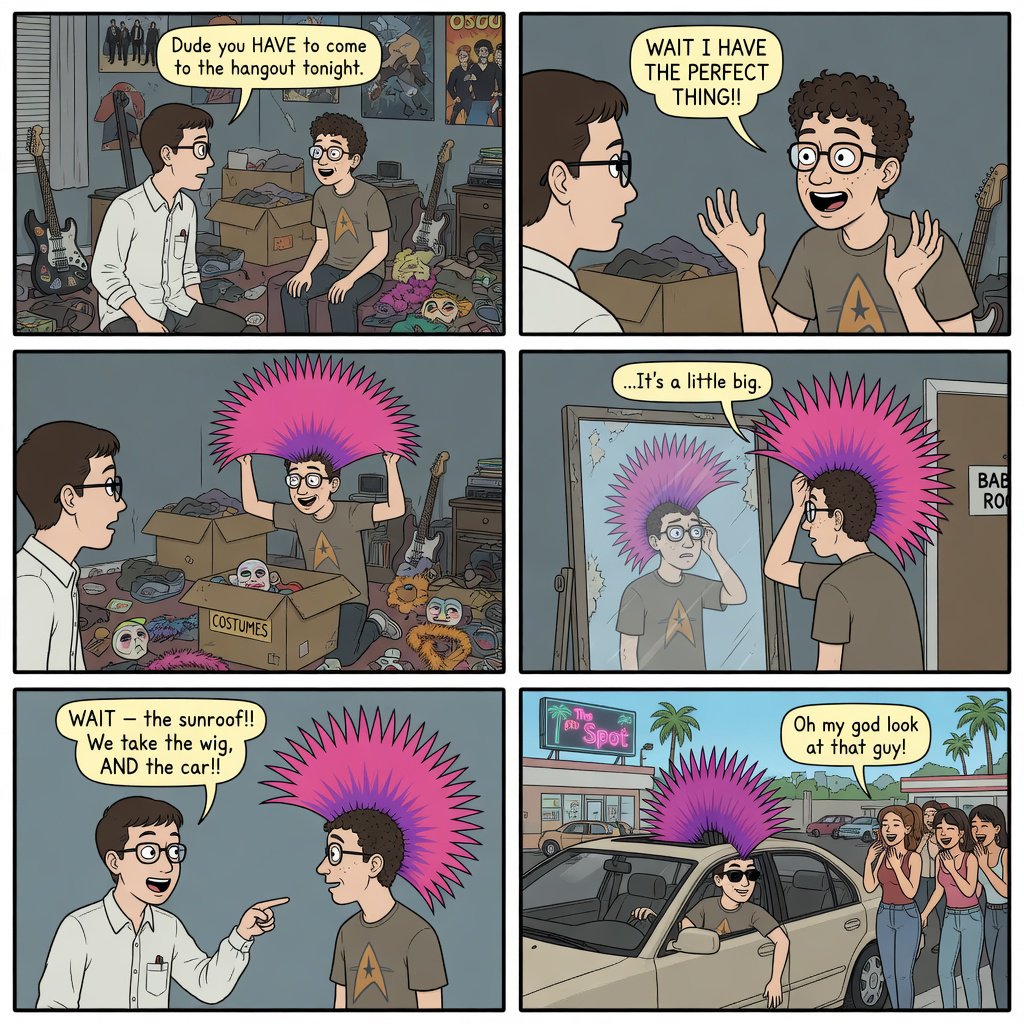 A three-row, six-panel sequence. Panel 1: A short-haired, nerdy man is talking to his friend Babu, another nerd with curly hair and round-frame glasses. They are both 20. Babu's room has a guitar and boxes full of things. Panel 2: Babu is exclaiming to his friend, saying something! Middle row, panel 3: Babu brings a spiky Mohican wig, pink to purple in color, out of one of his boxes. But it is oddly big. Panel 4: Babu stands in front of a wall mirror wearing the spiky wig—it is oddly very big! He looks concerned. Bottom row, panel 5: Babu's nerdy friend exclaims something to him, as if he has had an idea. Bottom row, panel 6: Babu is in a right-hand-drive sedan with a sunroof. Half of the spiky hair on his wig sticks out through the sunroof. The car is parked in front of a neighborhood hangout. Babu is looking out of the window, with one hand out of it. He wears sunglasses, trying to look cool. Several pretty adult women his age are giggling at him. — Grok Imagine Image Quality