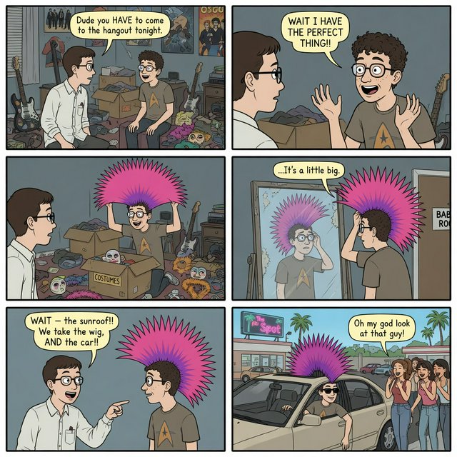 A three-row, six-panel sequence. Panel 1: A short-haired, nerdy man is talking to his friend Babu, another nerd with curly hair and round-frame glasses. They are both 20. Babu's room has a guitar and boxes full of things. Panel 2: Babu is exclaiming to his friend, saying something! Middle row, panel 3: Babu brings a spiky Mohican wig, pink to purple in color, out of one of his boxes. But it is oddly big. Panel 4: Babu stands in front of a wall mirror wearing the spiky wig—it is oddly very big! He looks concerned. Bottom row, panel 5: Babu's nerdy friend exclaims something to him, as if he has had an idea. Bottom row, panel 6: Babu is in a right-hand-drive sedan with a sunroof. Half of the spiky hair on his wig sticks out through the sunroof. The car is parked in front of a neighborhood hangout. Babu is looking out of the window, with one hand out of it. He wears sunglasses, trying to look cool. Several pretty adult women his age are giggling at him. — Grok Imagine Image Quality