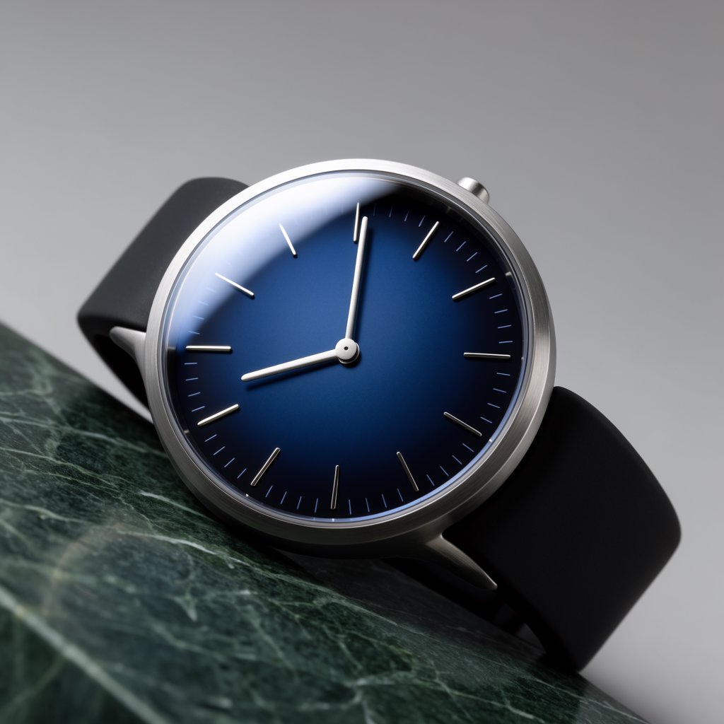 Commercial product photograph of an unbranded mechanical wristwatch with a brushed titanium case and deep blue enamel dial, resting on dark green marble against a soft gray background, illuminated by a large diffused softbox and narrow edge light. — Krea 2 Large