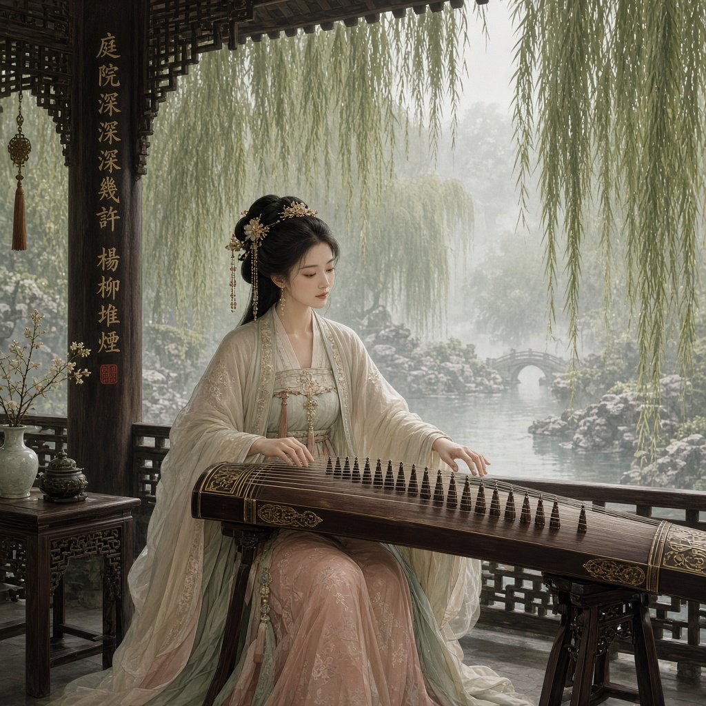 An elegant ancient Chinese lady in hanfu plays the guzheng in a quiet garden pavilion, surrounded by willow trees and mist, creating a poetic atmosphere. — Grok Imagine Image 2