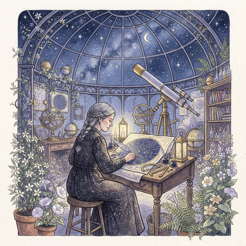 Ink-and-watercolour illustration of an adult astronomer mapping constellations from a glass-domed observatory, surrounded by brass instruments and flowering night plants. Indigo, lavender, and pale gold palette, delicate linework, serene atmospheric detail. — Nano Banana 2 Lite
