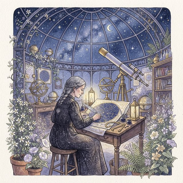 Ink-and-watercolour illustration of an adult astronomer mapping constellations from a glass-domed observatory, surrounded by brass instruments and flowering night plants. Indigo, lavender, and pale gold palette, delicate linework, serene atmospheric detail. — Nano Banana 2 Lite