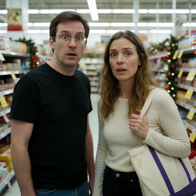 A husband and wife are shopping in a large, well-lit supermarket. They are surprised by what is for sale in the Christmas aisle. — Krea 2 Medium