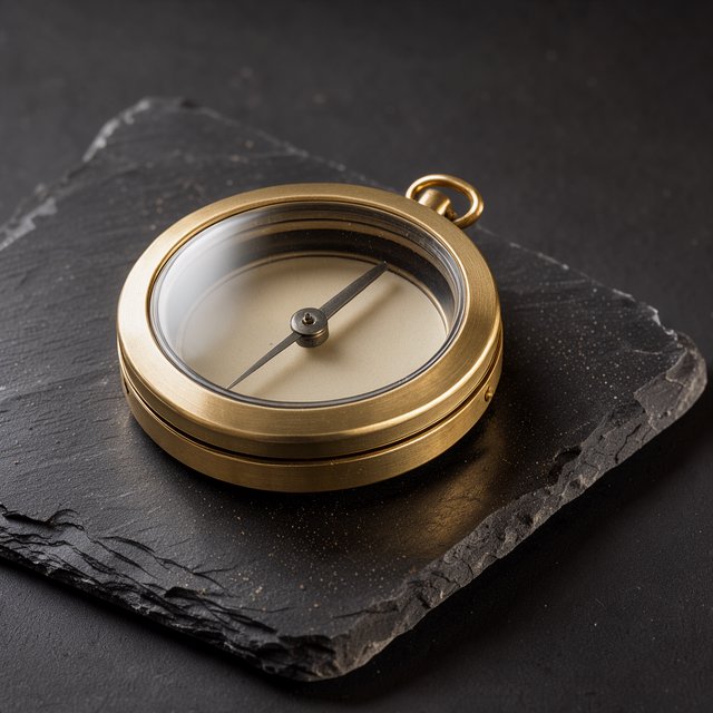 A compact brass pocket compass rests on black slate, its satin-metal casing and clear glass cover catching a broad diffused key and narrow warm rim light against a deep charcoal background; an unbranded commercial product image, blank face without lettering. — FLUX 3 Image Klein