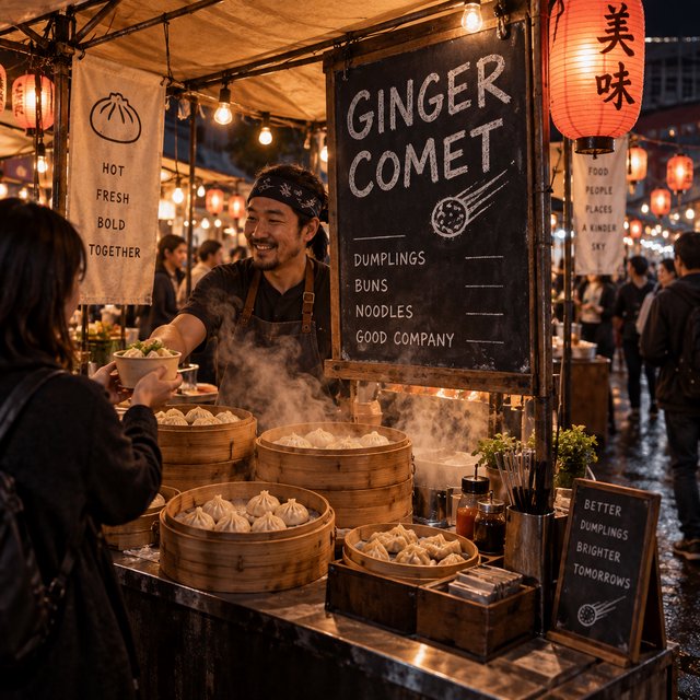 Steam curls above baskets of dumplings at a lively night-market stall, lantern light warming its canvas canopy; "GINGER COMET" is chalked in bold white letters on a blackboard beside the serving counter. — GPT Image 2.5 Sunburst
