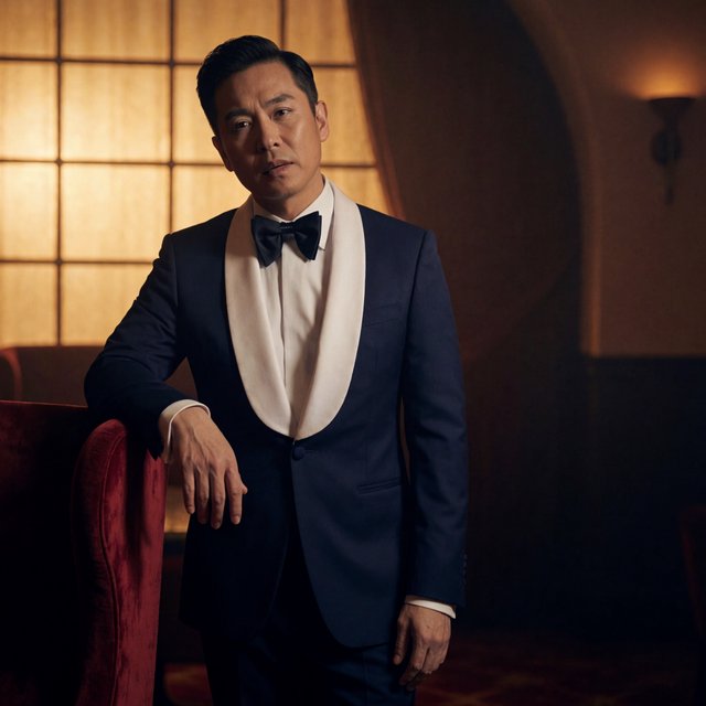Editorial glamour photograph of an adult man in a midnight-blue tuxedo, standing naturally beside a velvet chair in a quiet hotel lounge, flattering amber window light, relaxed expression, polished magazine composition. — Krea 2 Medium