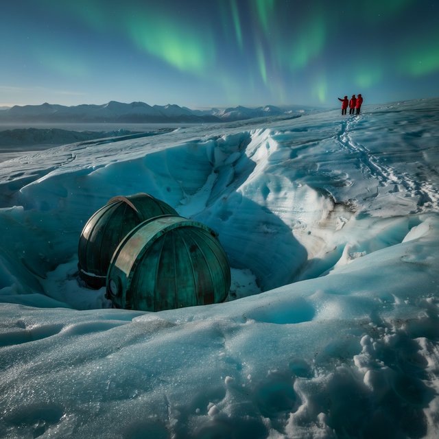 An abandoned observatory carved into a glacier, its bronze domes protruding from blue ice, aurora light filtering through crevasses, tiny adult explorers on a distant ridge emphasizing immense scale, drifting snow and deep polar shadows. — Ideogram v4