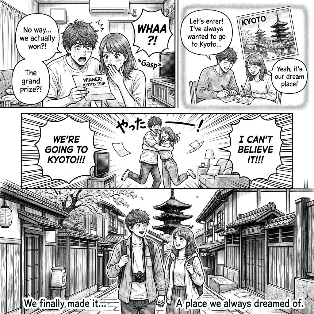 A realistic manga about a couple who entered a contest and ended up winning a trip to a place they always wanted to go. — Nano Banana 2.1