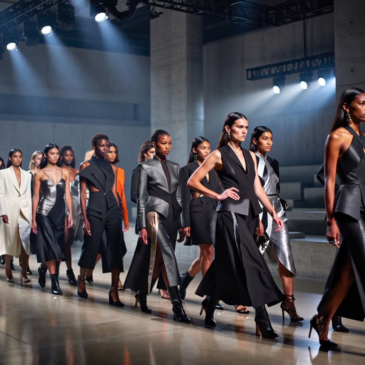 Adult female fashion models on the runway. There are models of all races: white, Black, Asian, Mexican, Indian, mixed race, etc. The vibe is cool and fierce. Many angles. — ImagineArt 2