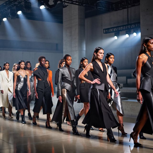Adult female fashion models on the runway. There are models of all races: white, Black, Asian, Mexican, Indian, mixed race, etc. The vibe is cool and fierce. Many angles. — ImagineArt 2