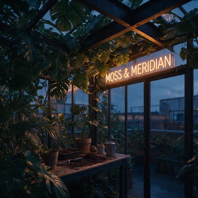 Inside a rooftop greenhouse at blue hour, tropical leaves crowd iron beams above a quiet potting bench; "MOSS & MERIDIAN" glows in warm amber neon along the glass entrance, with rain beads catching the light. — Seedream 5.0 Pro