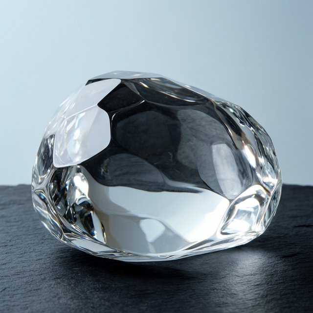 An unbranded, unmarked faceted optical-glass paperweight rests on charcoal slate against a pale blue-gray background; broad diffused studio light and a narrow side highlight reveal crisp internal refractions and bright edge reflections. — Krea 2 Large
