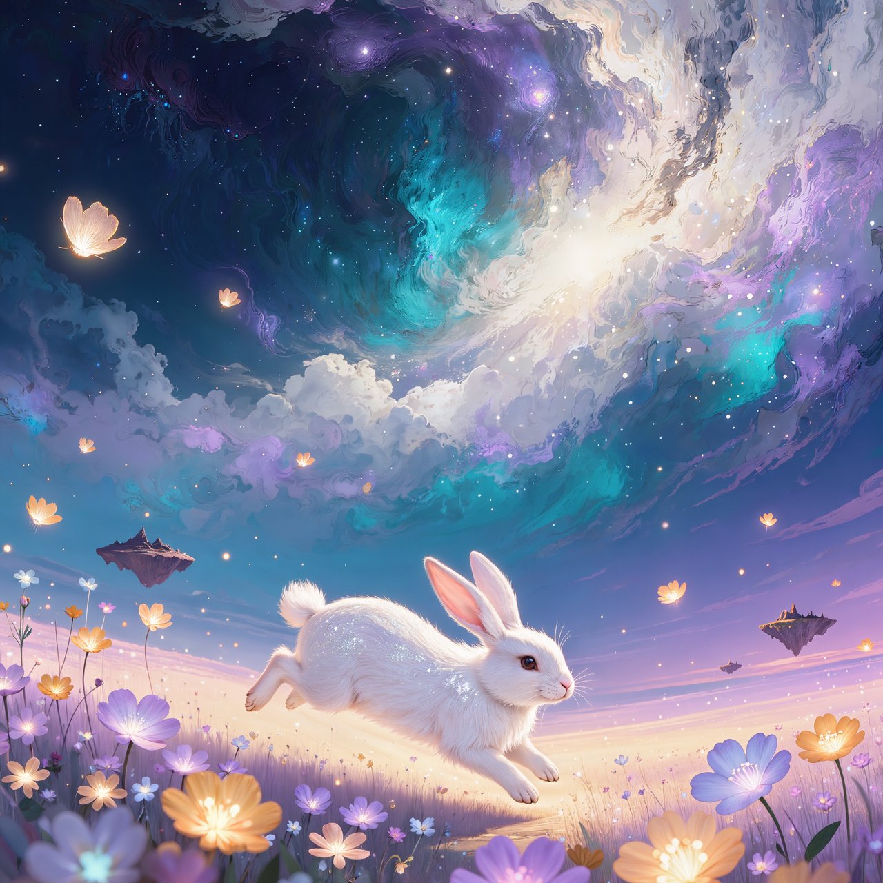 An ethereal rabbit, its fur made of shimmering moonlight, hops through a field of glowing, otherworldly flowers under a sky filled with nebulae. The landscape is dreamlike and surreal, with floating islands in the distance. The style is a delicate digital painting with fantasy elements, evoking a sense of wonder and tranquility. — Kling v3
