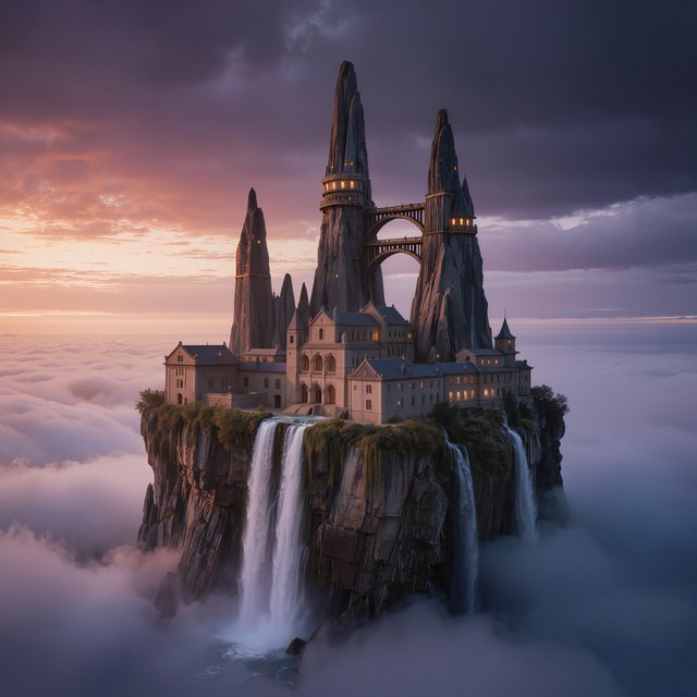A colossal cliffside monastery hangs beneath a floating island, its waterfalls falling into luminous cloud seas. Bronze bridges connect needle towers, while dawn rays pierce violet storms and tiny windows glow above an endless abyss. — Kling v3