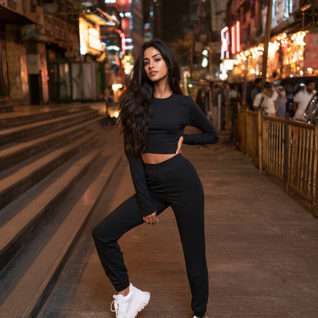 A very pretty Indian woman, 19–27 years old. She is slim with wide hips and is wearing a fitted crop top and leggings. Full-body image. Outside a nightclub. — Model 12
