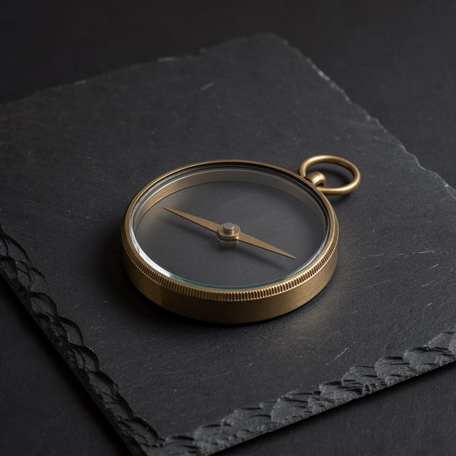 A compact brass pocket compass rests on black slate, its satin-metal casing and clear glass cover catching a broad diffused key and narrow warm rim light against a deep charcoal background; an unbranded commercial product image, blank face without lettering. — FLUX 3 Image