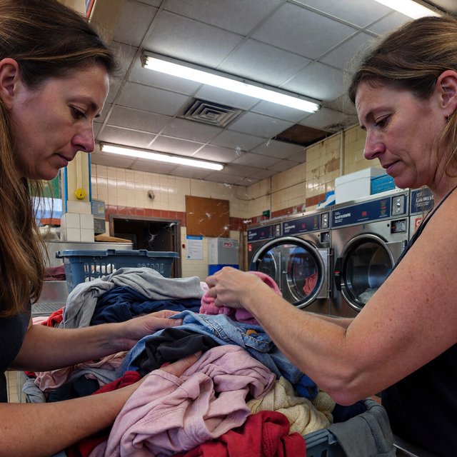Candid documentary photograph of an adult woman sorting clothes in a self-service laundromat, cool fluorescent light, 35mm lens with moderate depth of field, loose lint suspended above a tumbling machine, worn baskets and tiled walls rendered naturally. — ImagineArt 1.5 Pro