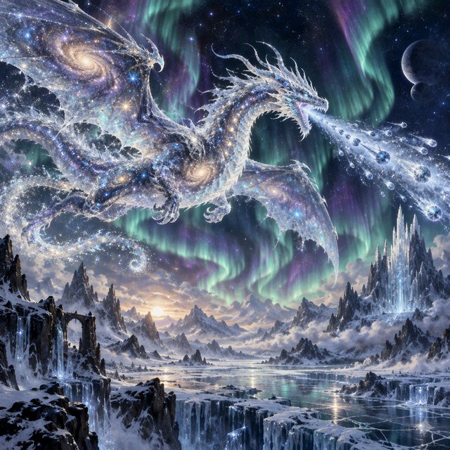 A majestic dragon made of pure starlight and frozen cosmic dust, soaring through a celestial winter landscape. Its scales shimmer with the light of a thousand galaxies, and its breath is a trail of icy comets. The background features swirling aurora borealis over a frozen, mountainous terrain. The style is a blend of painterly fantasy art and surrealism. — GPT Image 2.5 Sunburst