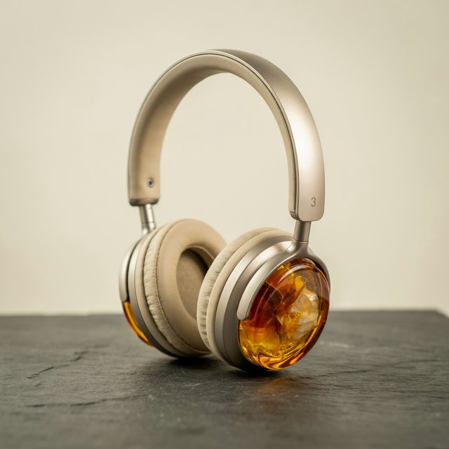 Commercial product photograph of unbranded over-ear headphones crafted from translucent amber resin and brushed titanium, resting on a dark slate surface against a muted cream background, lit by a broad diffused softbox and a delicate rim light. — Ideogram v4.5