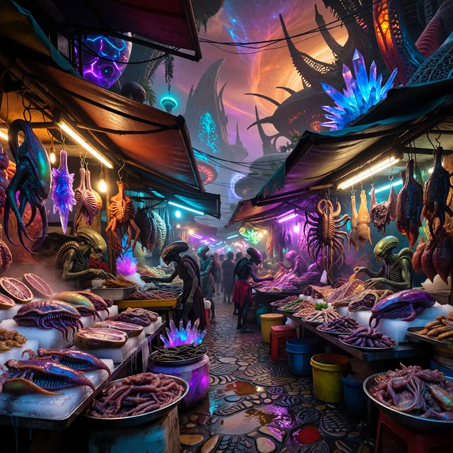 Exotic alien meat market with every possible meat imaginable on sale! — ImagineArt 1.5 Pro
