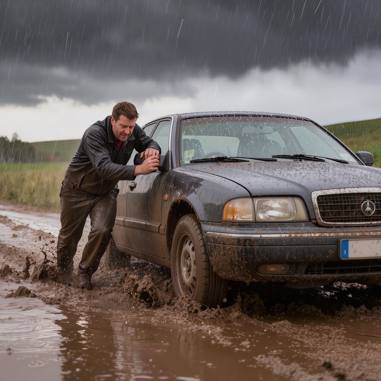 A man is pushing his car, which is stuck in the mud, amid heavy rain in the countryside. The sky is gloomy, and some hail is also falling on the car and the ground. The big man has mud all over his trousers. Show him struggling. — Kling v3