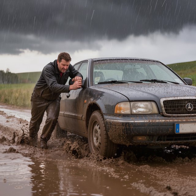 A man is pushing his car, which is stuck in the mud, amid heavy rain in the countryside. The sky is gloomy, and some hail is also falling on the car and the ground. The big man has mud all over his trousers. Show him struggling. — Kling v3
